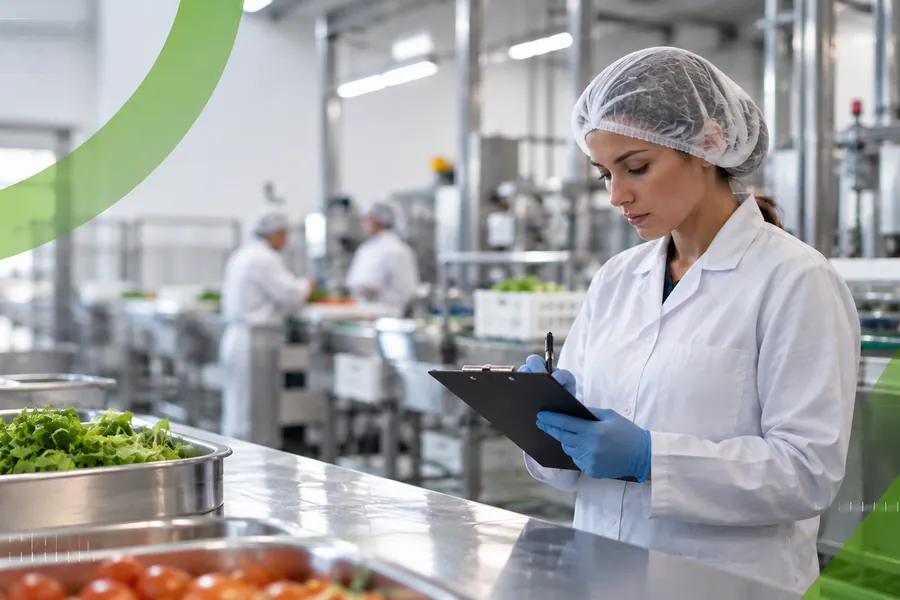 Profissional em cozinha industrial conferindo condições de alimentos armazenados