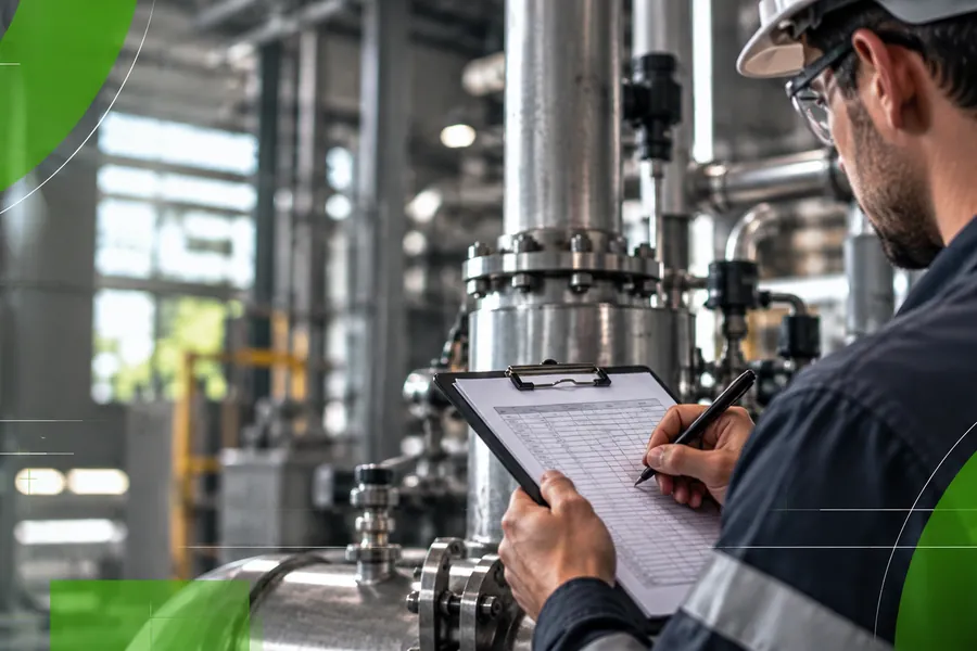 Operador industrial registrando dados junto a tubulações e equipamentos de processo