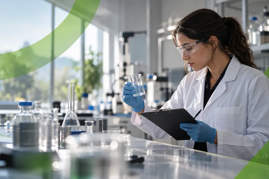 Analista de laboratório observando uma amostra em vidraria
