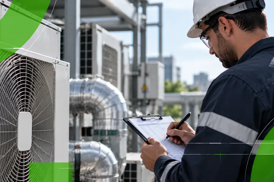 Técnico inspecionando equipamentos de climatização em área externa