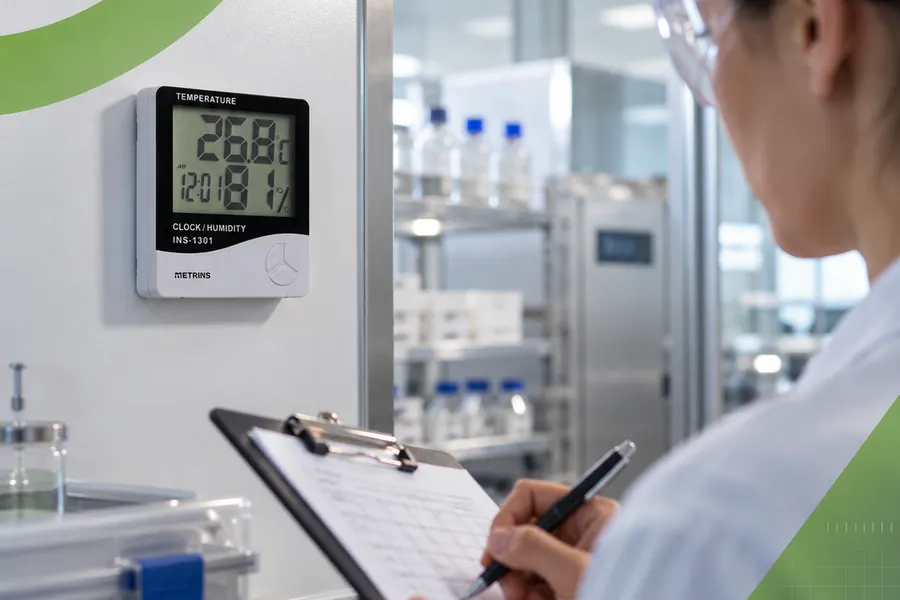 Termo-higrômetro Metrins instalado em parede sendo conferido em registro de controle