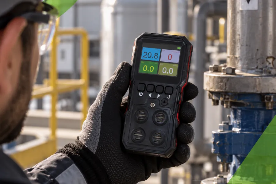 Detector de 4 gases Metrins em uso durante inspeção de área industrial