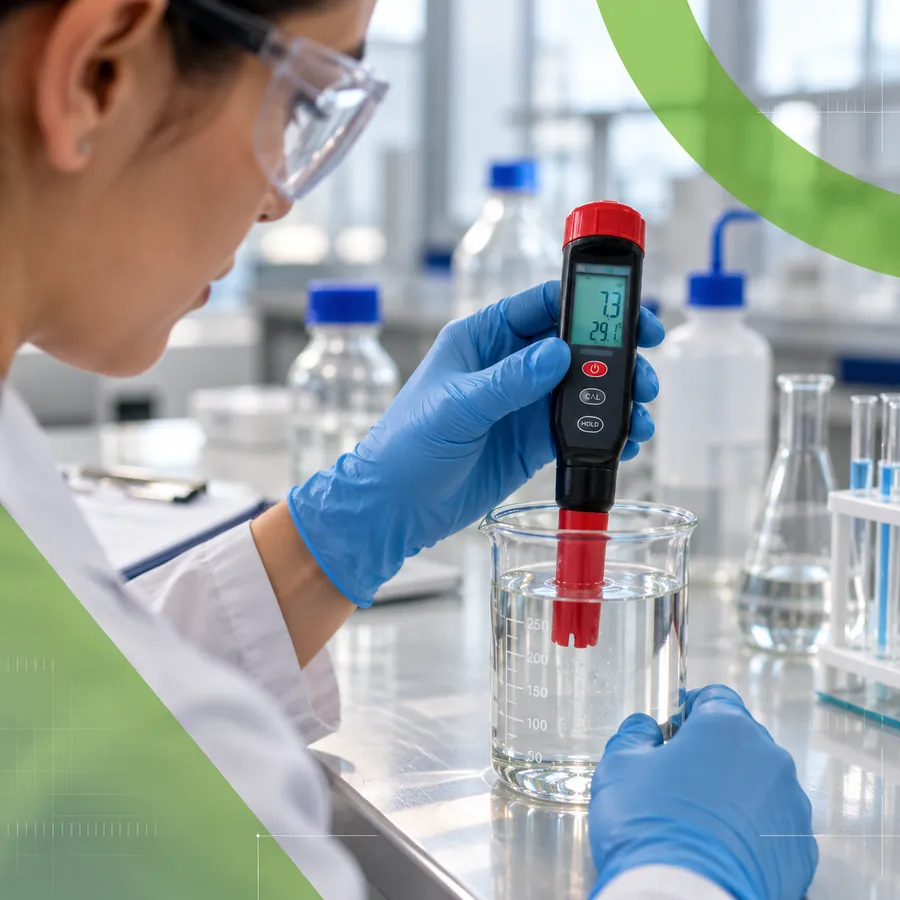 Profissional de laboratório medindo o pH de uma amostra de água com o medidor portátil Metrins INS-1393