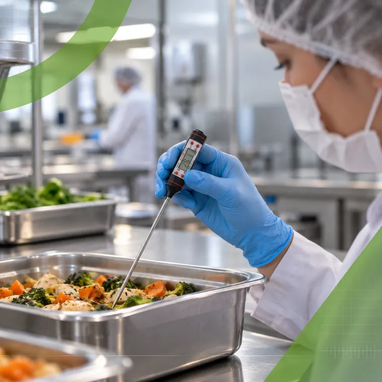 Medição de temperatura de alimentos com termômetro digital tipo espeto em cozinha industrial